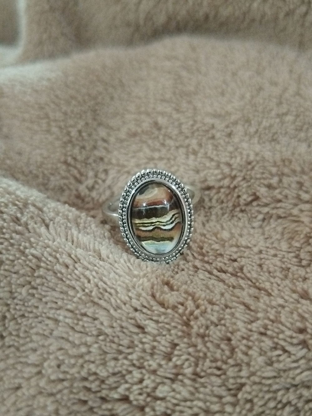 Silver Oval Striped Agate Ring - Multi-Color Size 8
